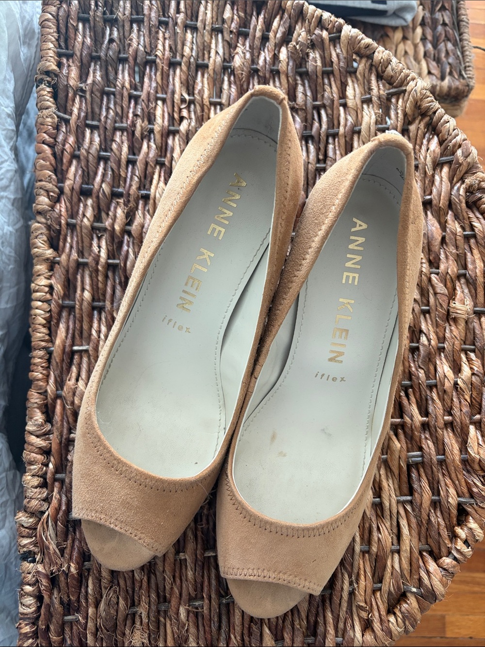 Anne Klein Tan Suede Peep-Toe Heels